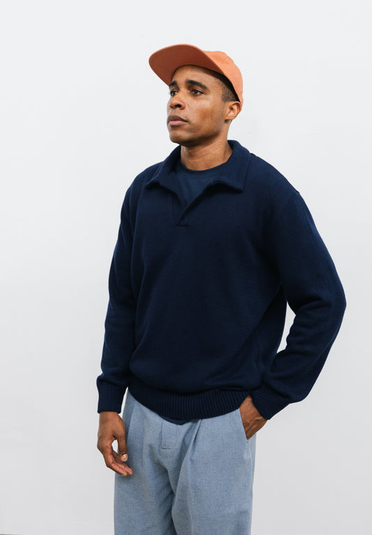 Polo col cubain en maille coton biologique marine tricoté en confectionné en France