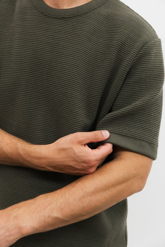 Tee shirt en maille ottoman kaki BIDAT tricoté et confectionné en France en coton biologique de la marque CABANE mailles françaises