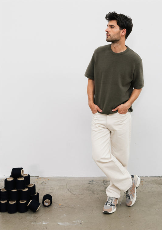 Tee shirt en maille ottoman kaki BIDAT tricoté et confectionné en France en coton biologique de la marque CABANE mailles françaises