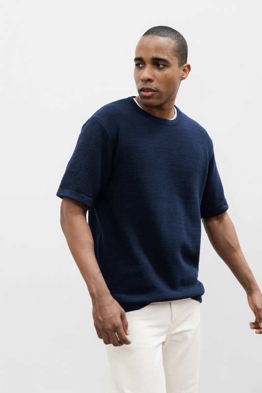 Tee shirt en maille ottoman marine tricoté et confectionné en France en coton biologique
