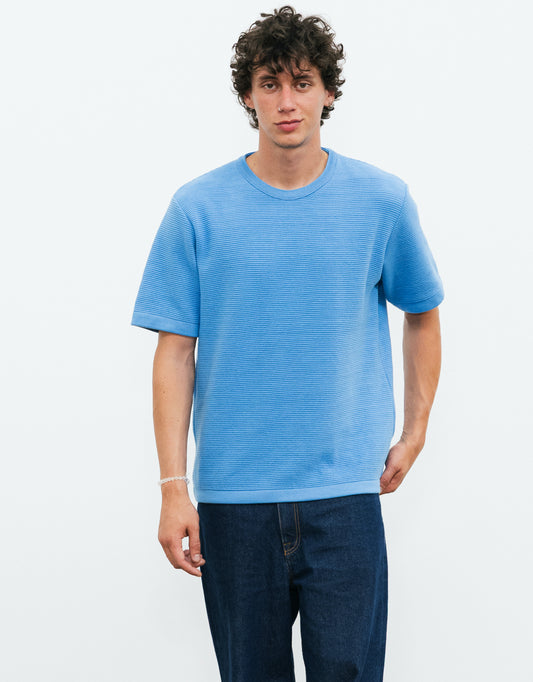 Tee shirt en maille ottoman bleu ciel BIDAT tricoté et confectionné en France en coton biologique de la marque CABANE mailles françaises