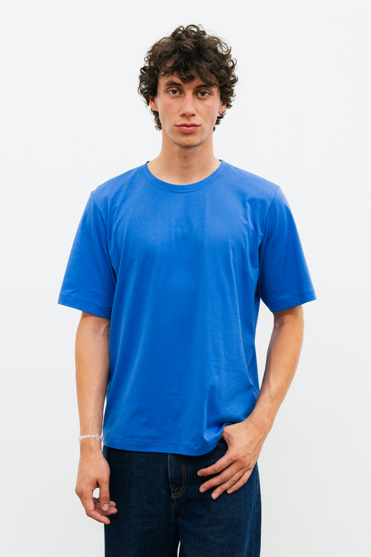 tee shirt bleu azur en coton fabriqué en France tissu Italien issu de maison de luxe