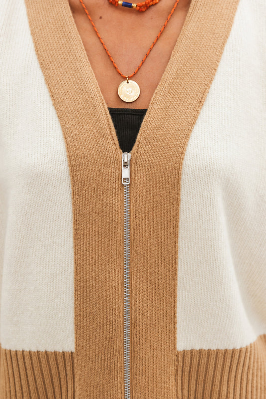 Gilet zippé SANTI blanc latte pour femme en laine et cachemire, fabriqué en France