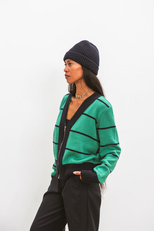 Gilet zippé SANTI vert clair à rayures marine pour femme en laine et cachemire CABANE