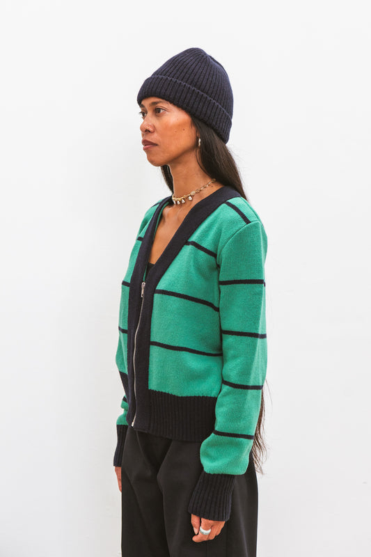 Gilet zippé SANTI vert clair à rayures marine pour femme en laine et cachemire CABANE