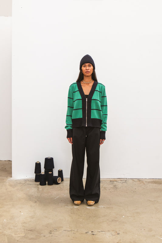 Gilet zippé SANTI vert clair à rayures marine pour femme en laine et cachemire CABANE