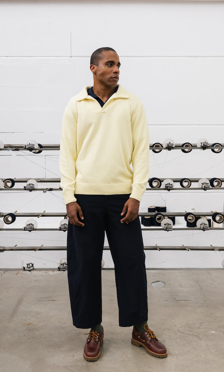 Polo col cubain en maille coton biologique jaune pastel tricoté en confectionné en France