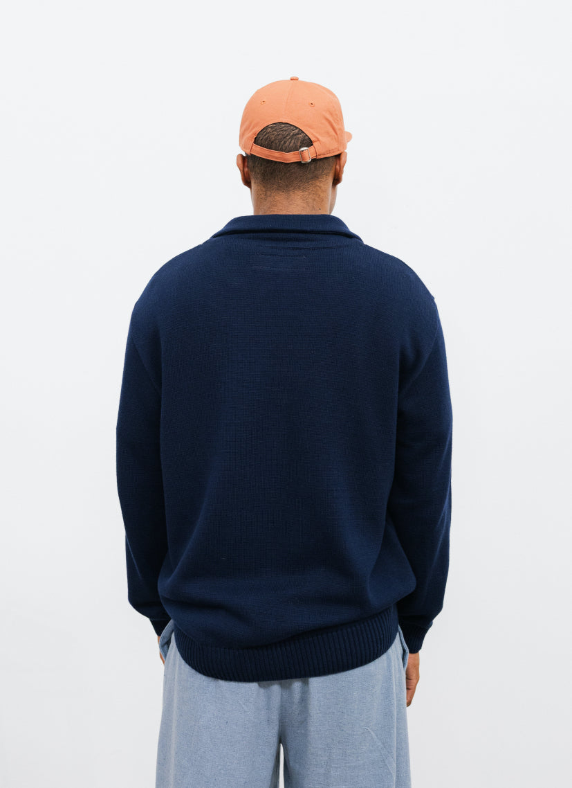 Polo col cubain en maille coton biologique marine tricoté en confectionné en France