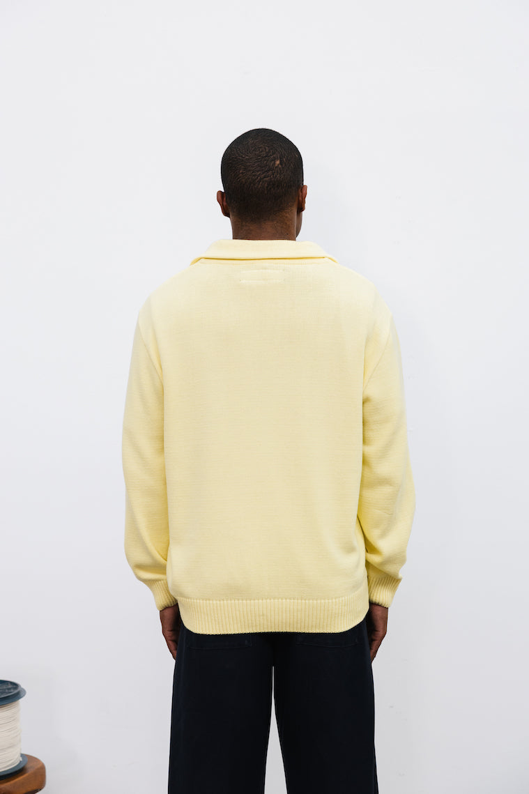Polo col cubain en maille coton biologique jaune pastel tricoté en confectionné en France