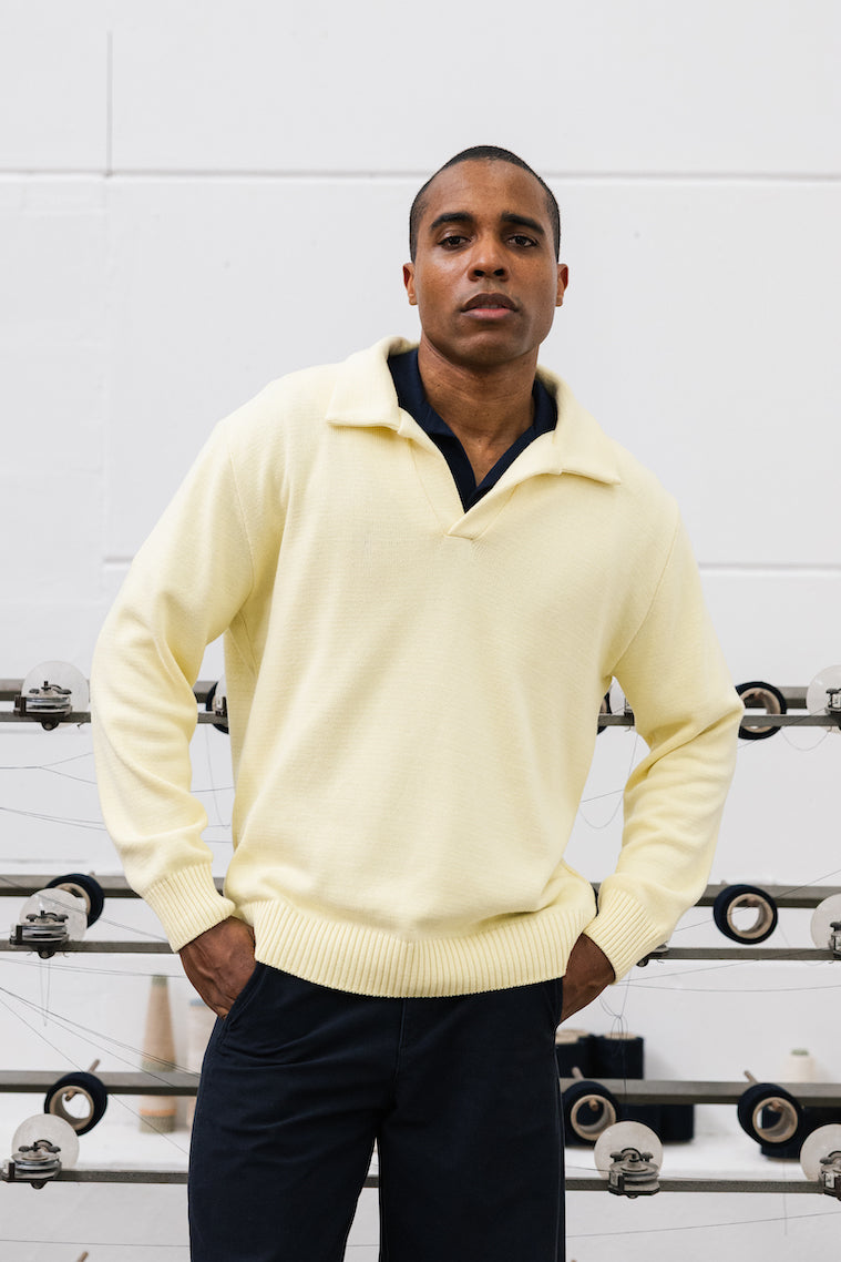 Polo col cubain en maille coton biologique jaune pastel tricoté en confectionné en France