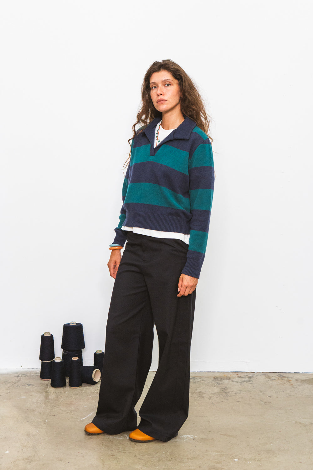 Polo FUJI marine à rayures vertes pour femme en laine mérinos CABANE