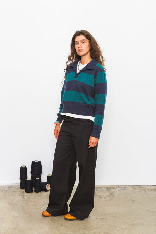 Polo FUJI marine à rayures vertes pour femme en laine mérinos CABANE