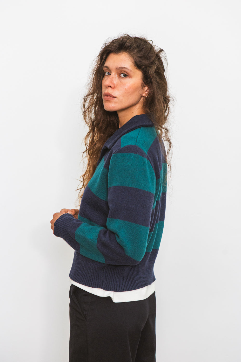 Polo FUJI marine à rayures vertes pour femme en laine mérinos CABANE
