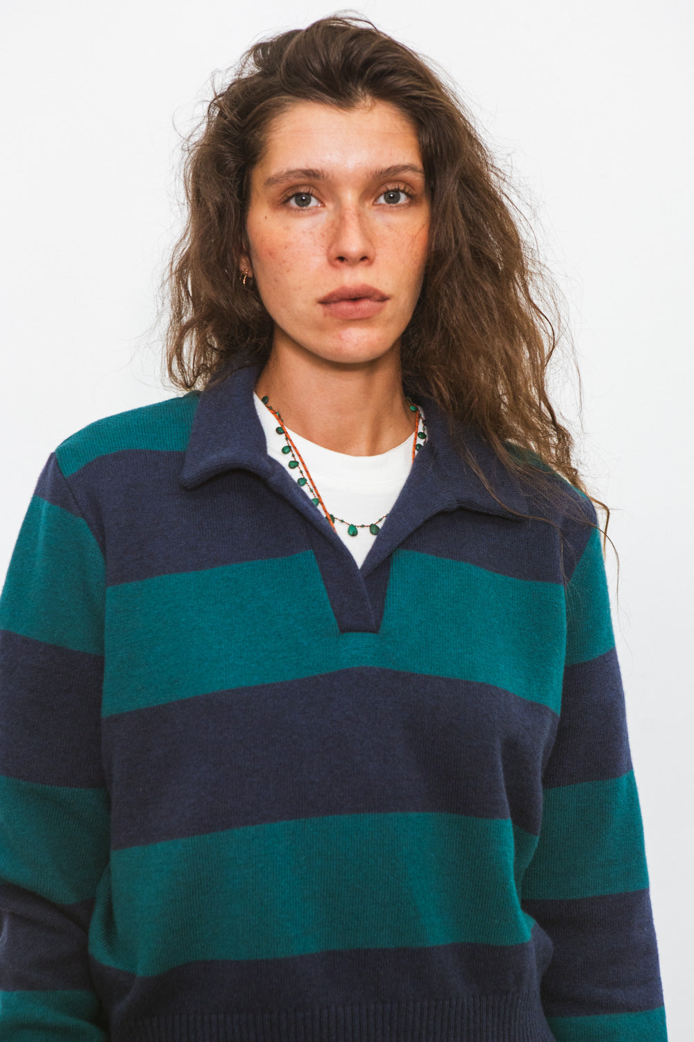 Polo FUJI marine à rayures vertes pour femme en laine mérinos CABANE