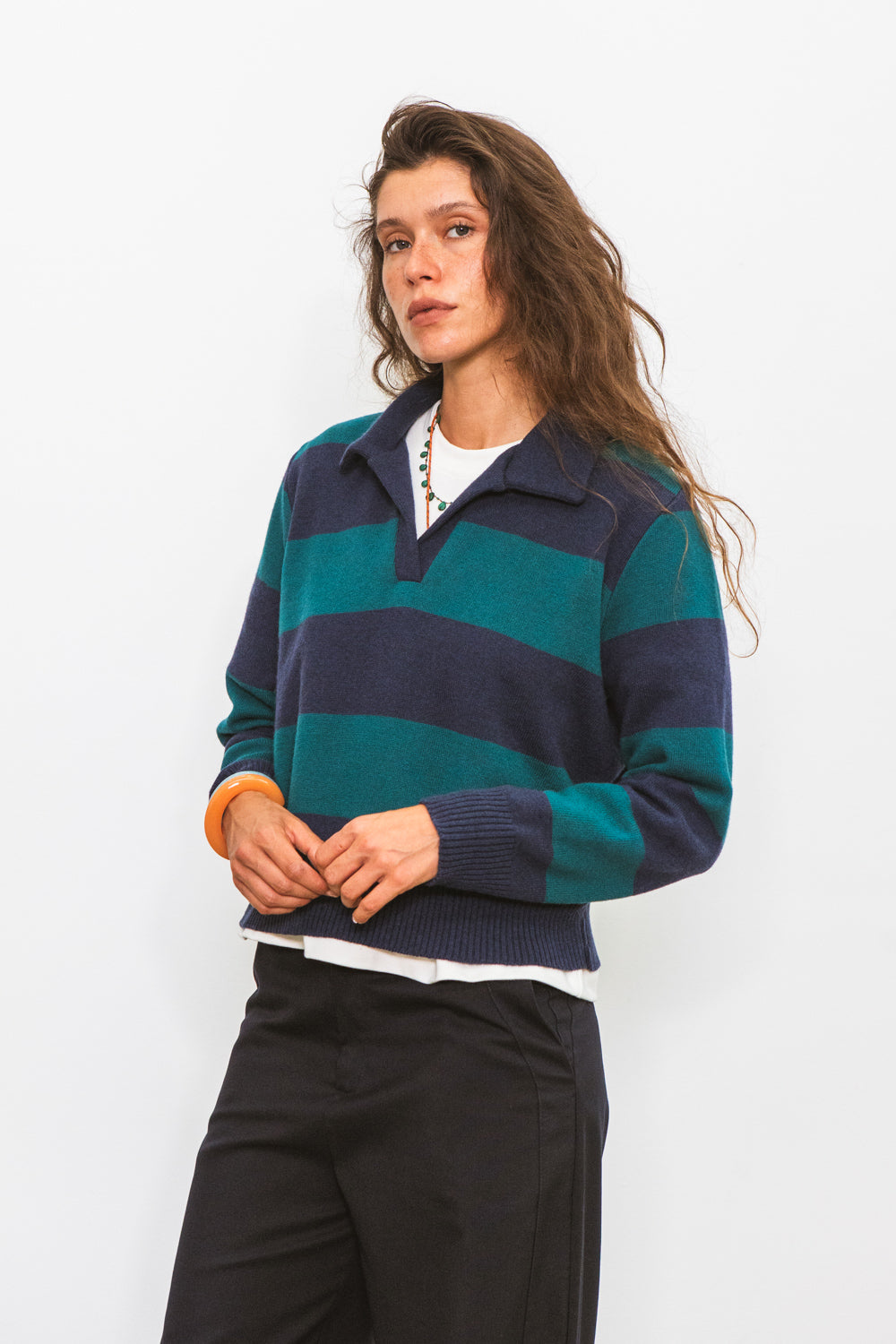 Polo FUJI marine à rayures vertes pour femme en laine mérinos CABANE