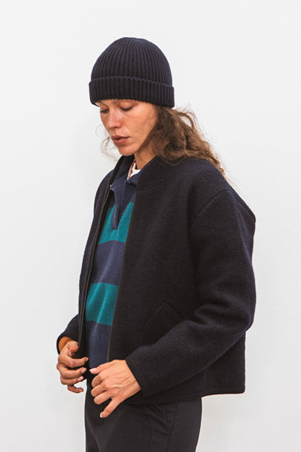Polo FUJI marine à rayures vertes pour femme en laine mérinos CABANE