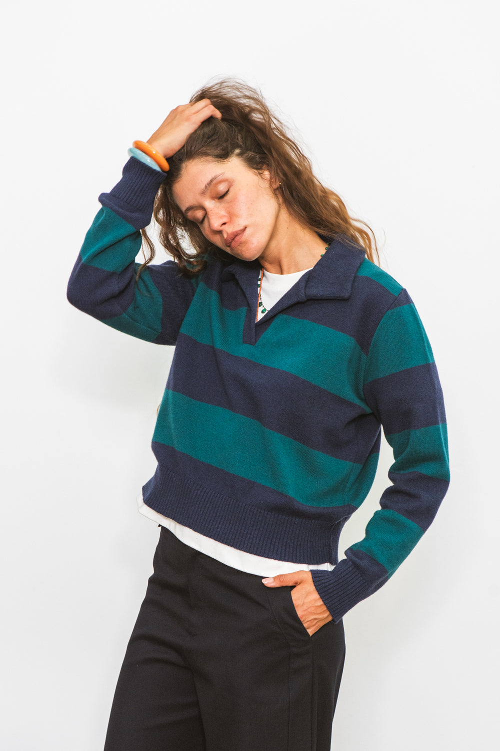 Polo FUJI marine à rayures vertes pour femme en laine mérinos CABANE
