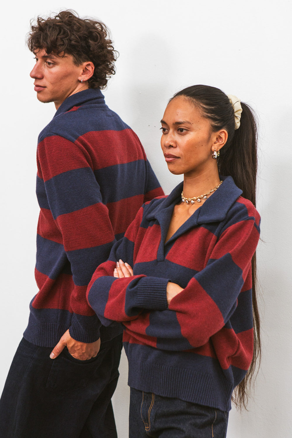Polo FUJI marine à rayures bordeaux pour femme en laine mérinos CABANE