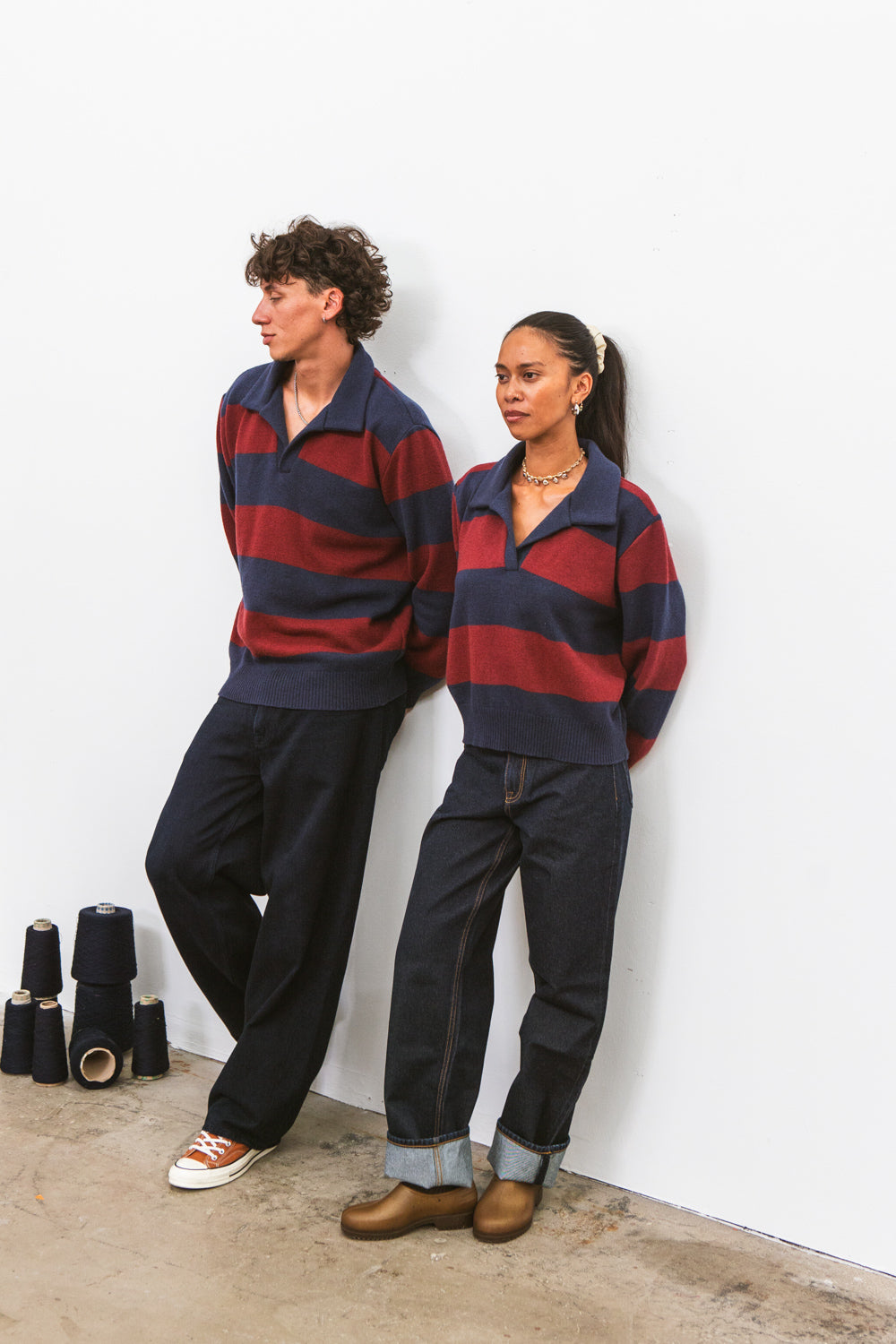 Polo FUJI marine à rayures bordeaux pour femme en laine mérinos CABANE