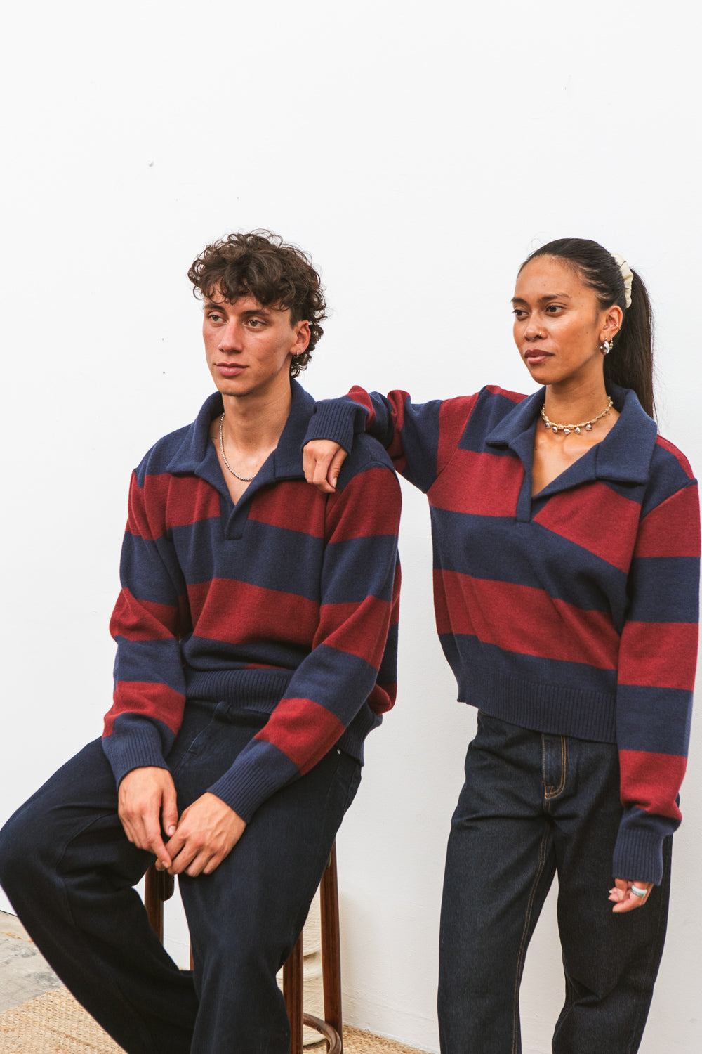 Polo FUJI marine à rayures bordeaux pour femme en laine mérinos CABANE