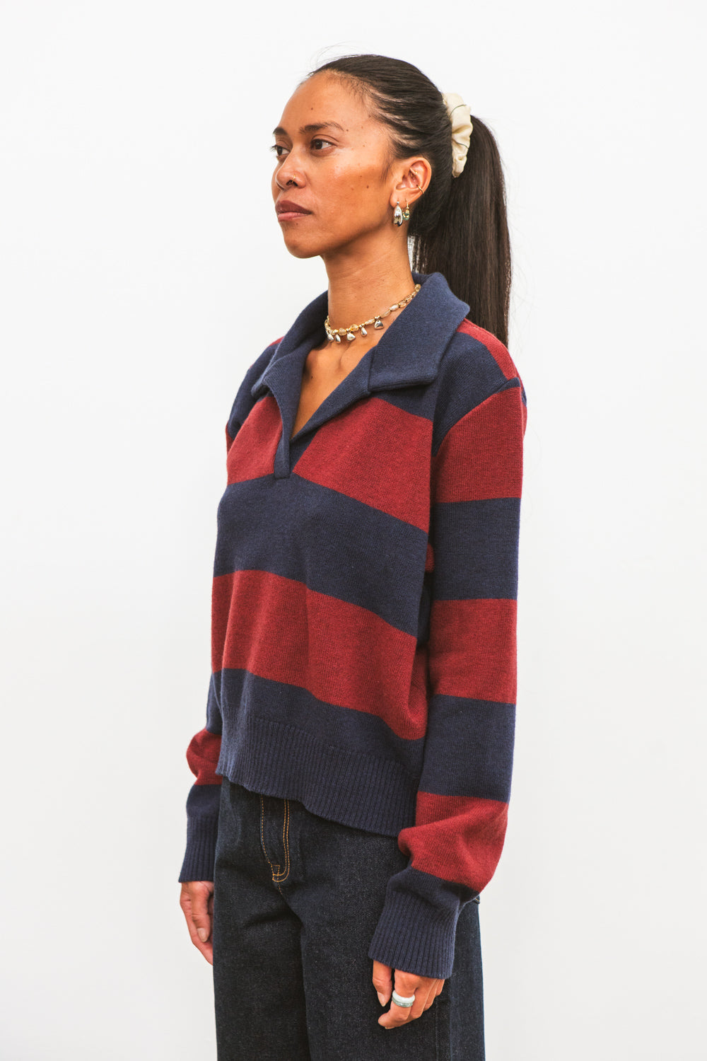 Polo FUJI marine à rayures bordeaux pour femme en laine mérinos CABANE