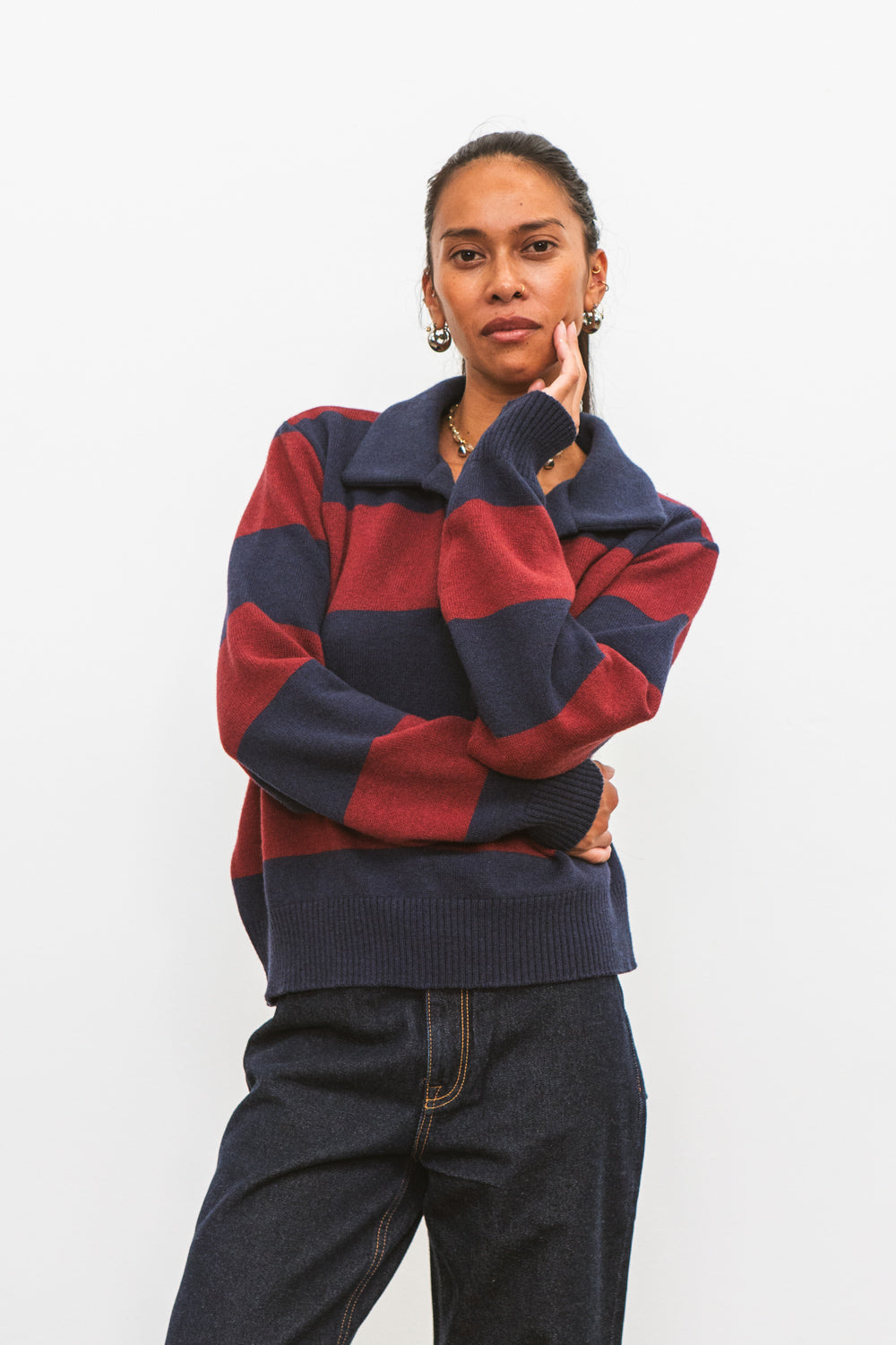 Polo FUJI marine à rayures bordeaux pour femme en laine mérinos CABANE