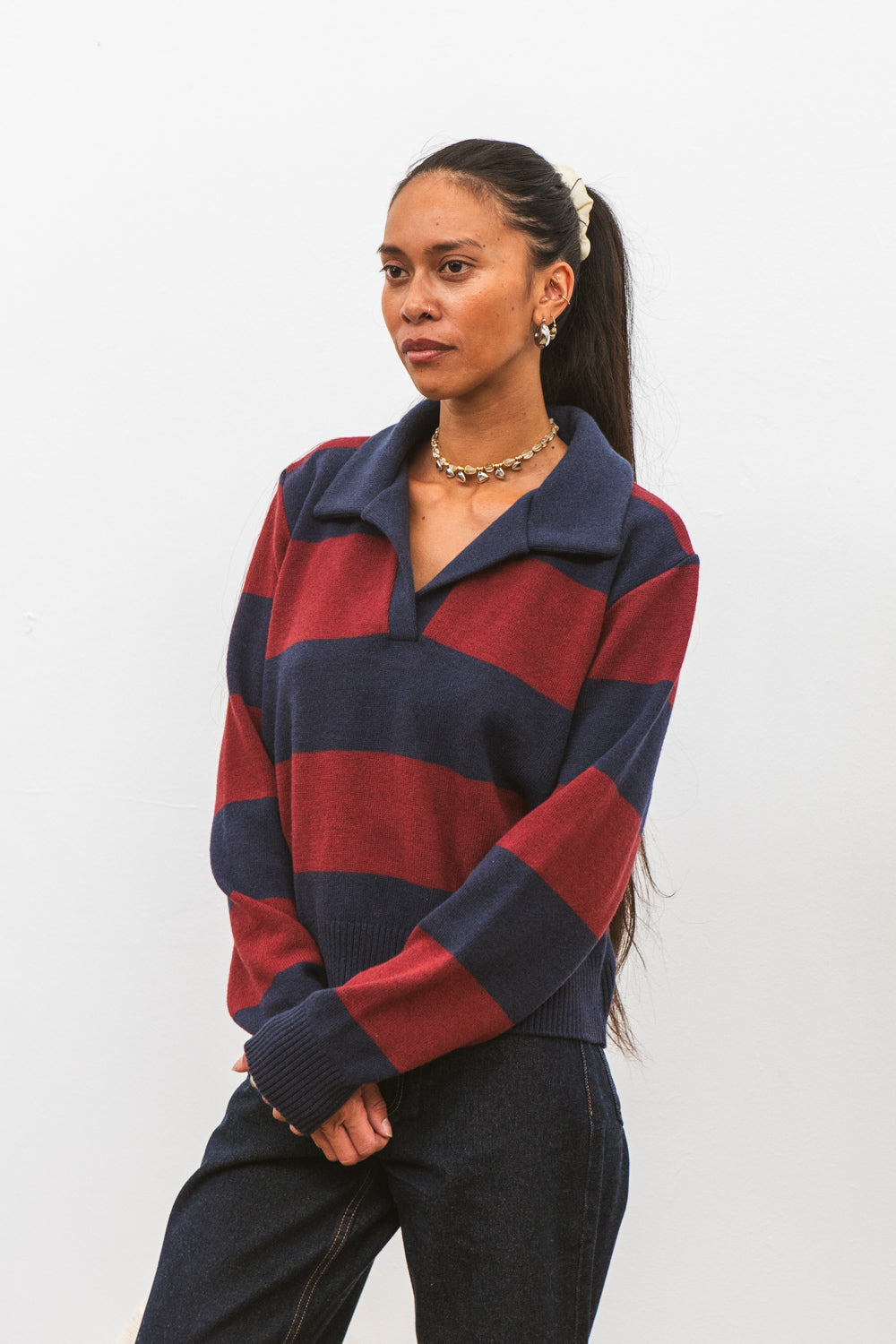 Polo FUJI marine à rayures bordeaux pour femme en laine mérinos CABANE