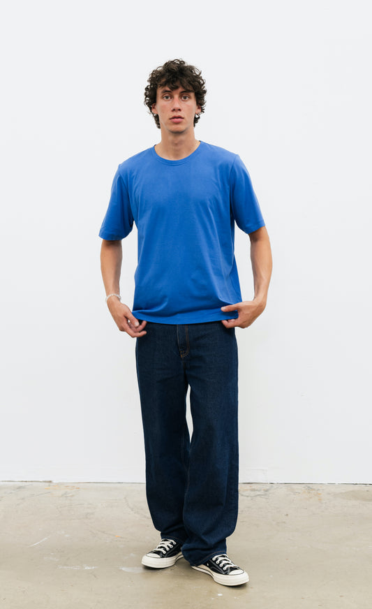 tee shirt bleu azur en coton fabriqué en France tissu Italien issu de maison de luxe