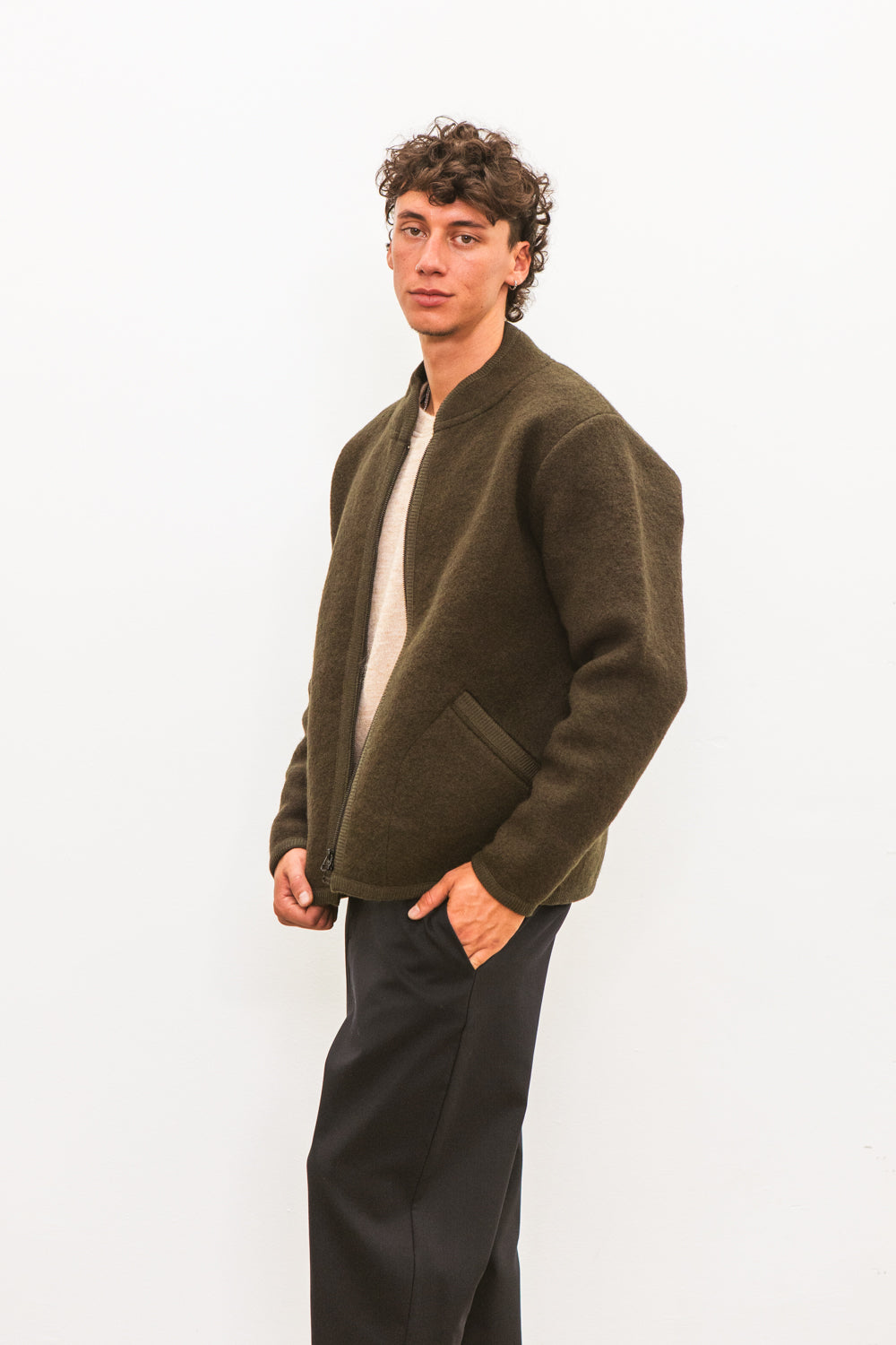 Veste TANA kaki pour homme en laine bouillie, fabriquée en France
