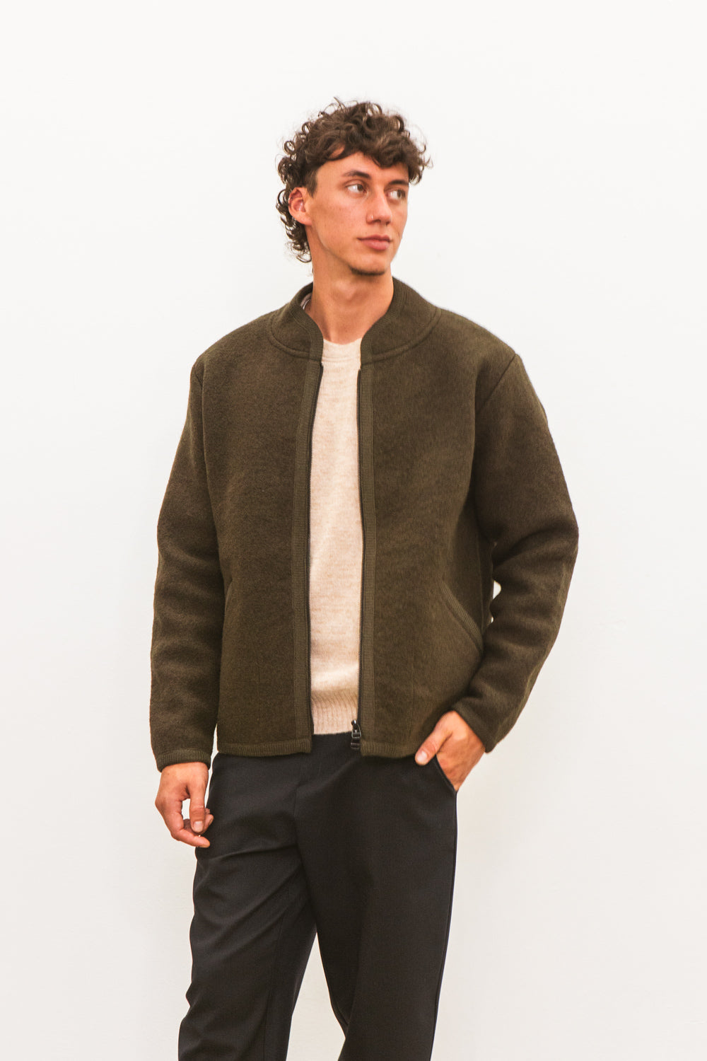 Veste TANA kaki pour homme en laine bouillie, fabriquée en France