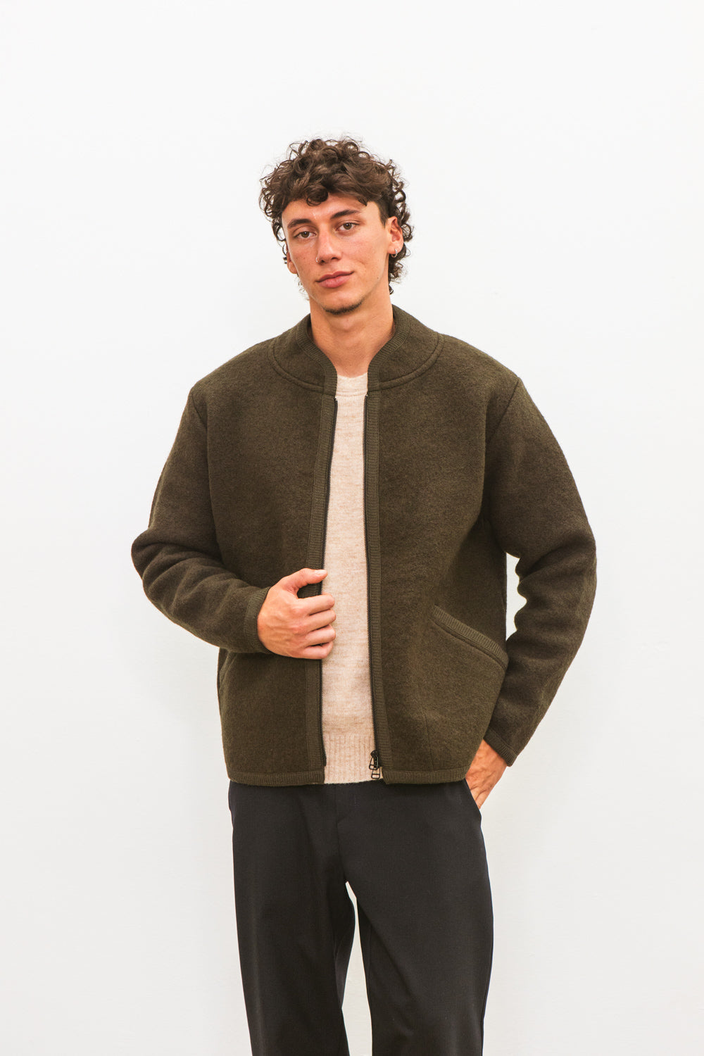 Veste TANA kaki pour homme en laine bouillie, fabriquée en France